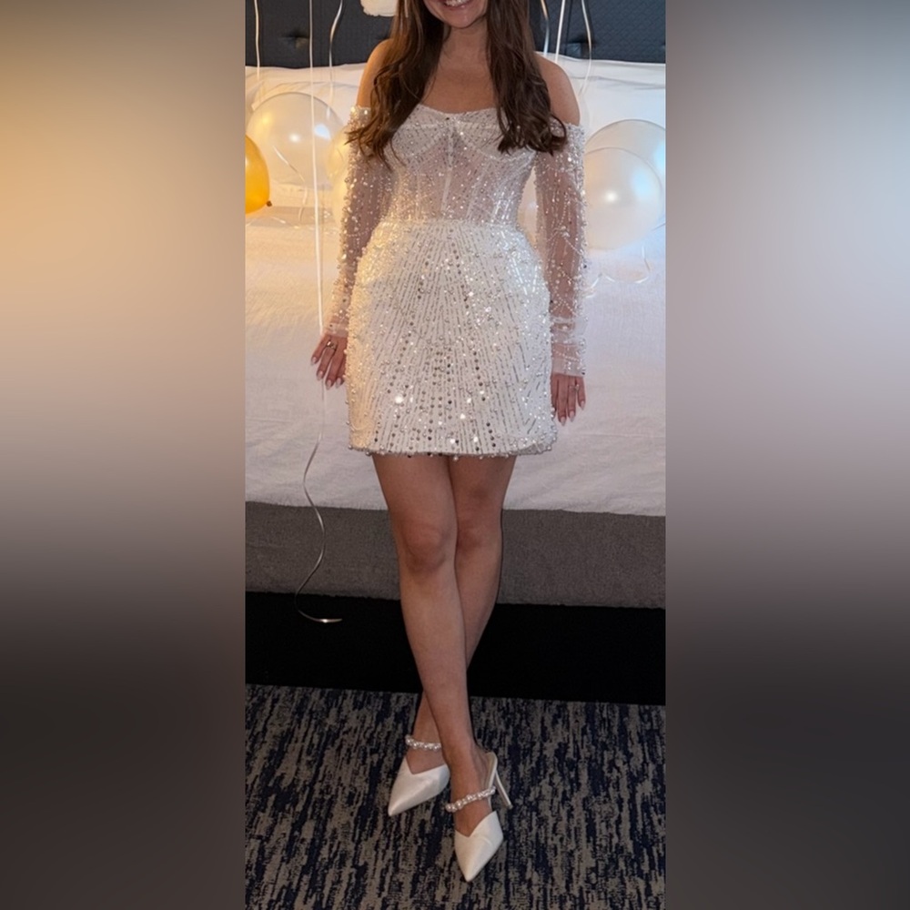 UNTAMED PETALS BY AMANDA JUDGE White Beaded Off-Shoulder Mini Dress - Picture 5 of 7